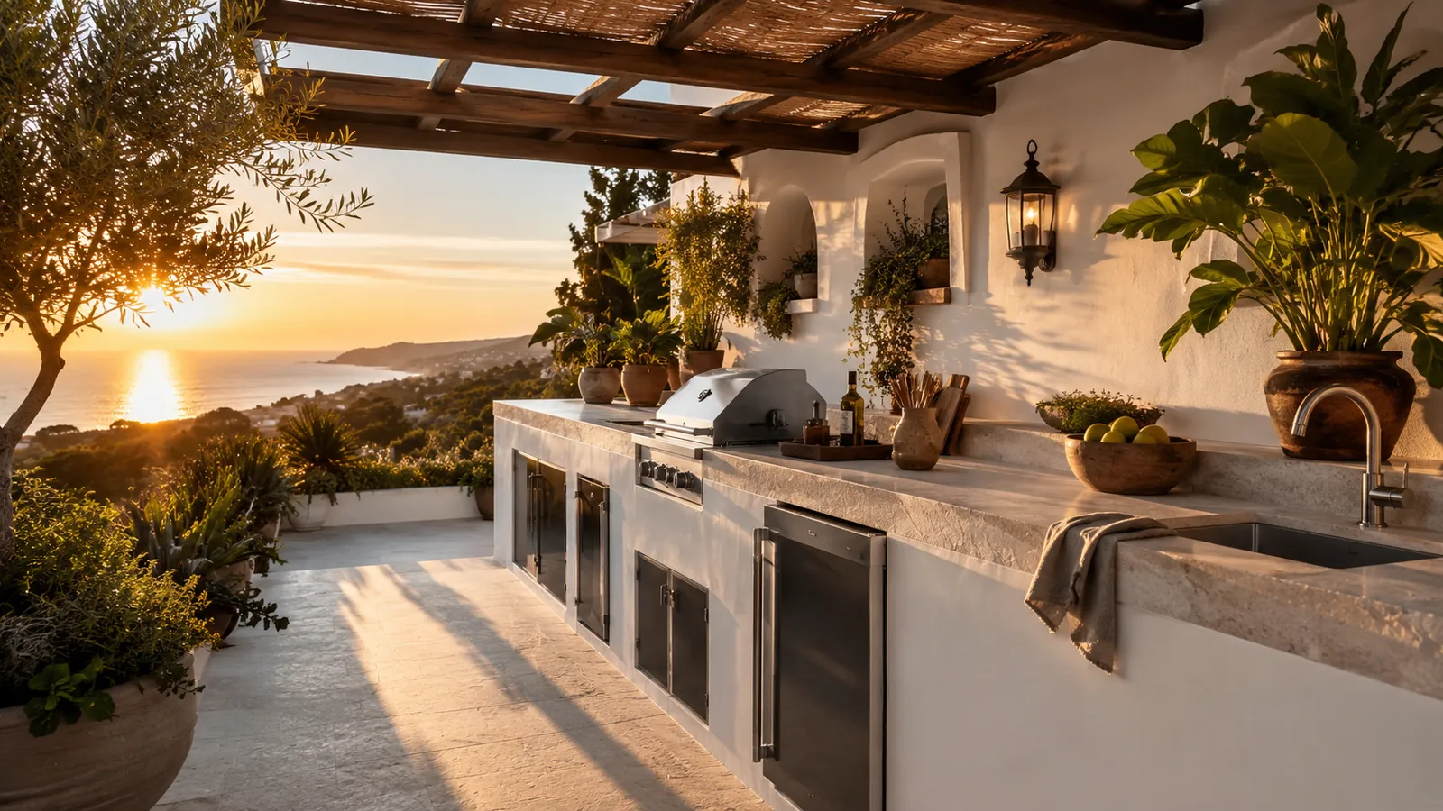 kuchenart-cocina-exterior Cocina exterior de verano con encimera y pérgola en una terraza mediterránea